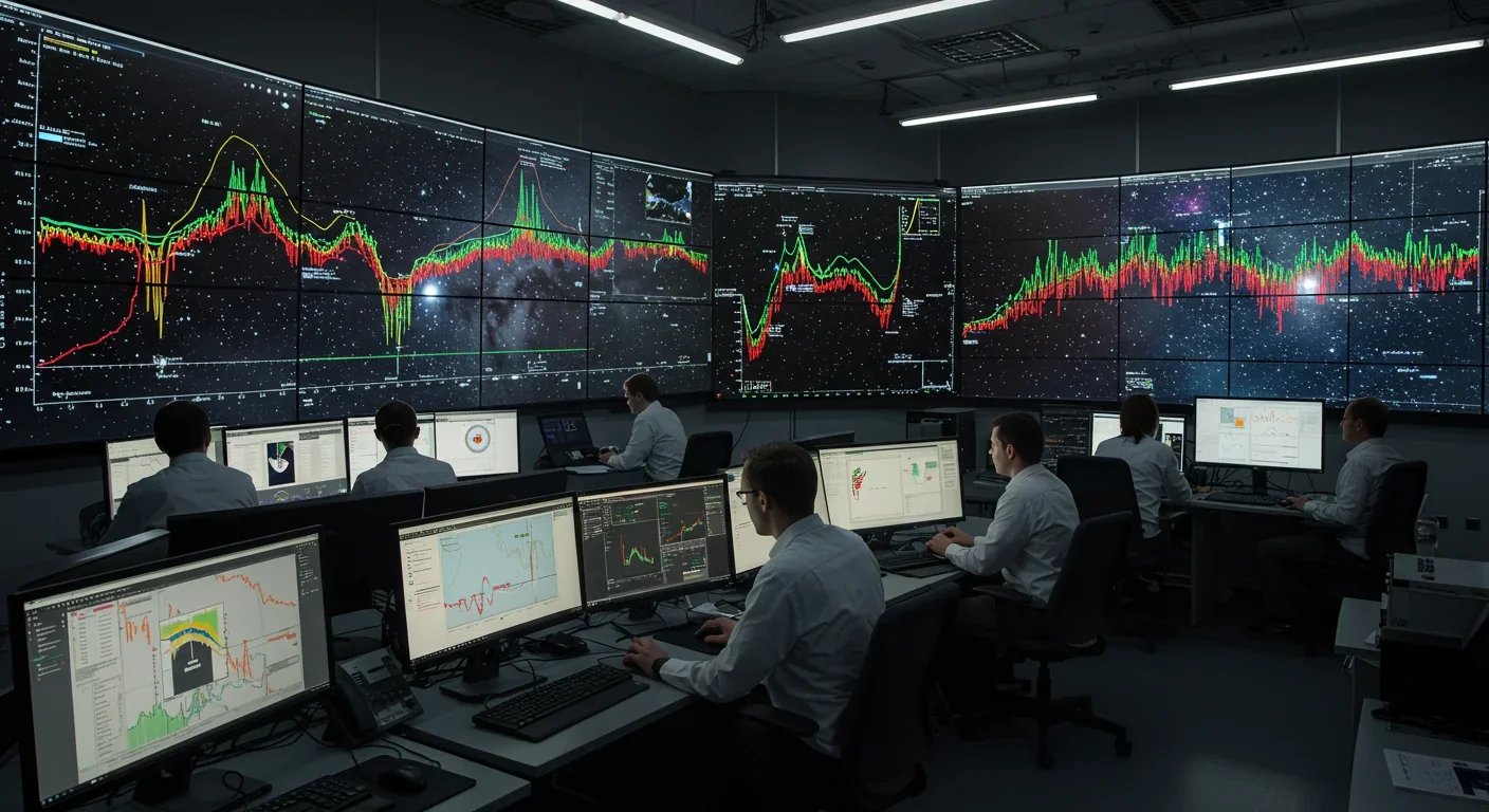 Astronomers in observatory control room analyzing Galactic Habitable Zone metallicity and supernova data on screens