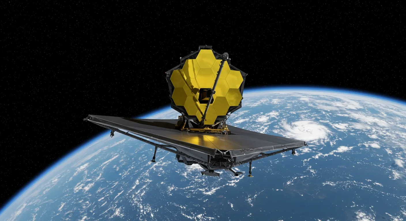 James Webb Space Telescope in orbit with deployed mirrors and sunshield, Earth visible in background