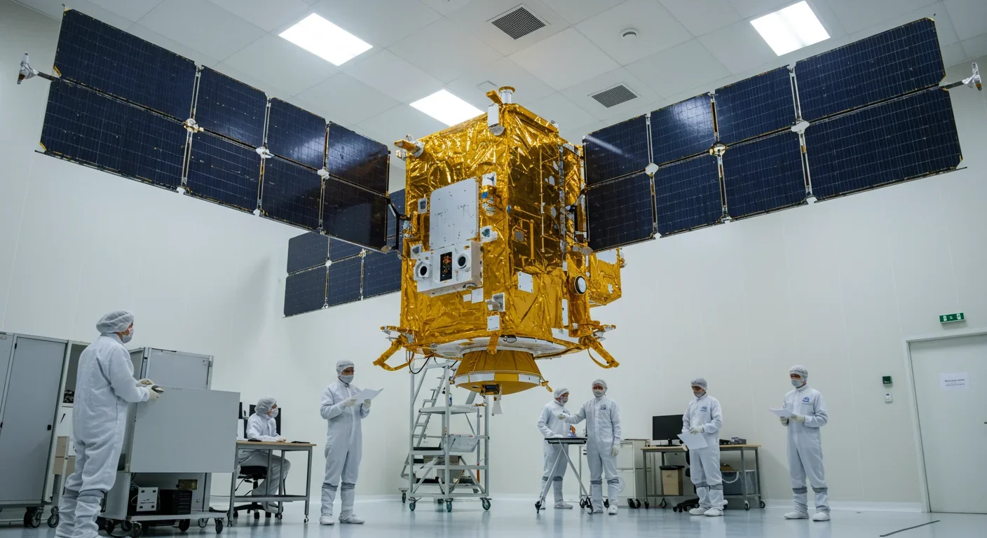 Modern satellite with electric propulsion system in assembly facility