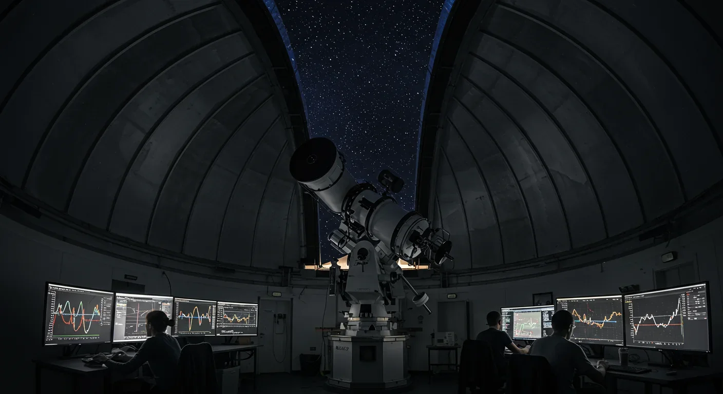 Astronomers at observatory monitoring microlensing events on computer screens showing light curve graphs under starry night sky