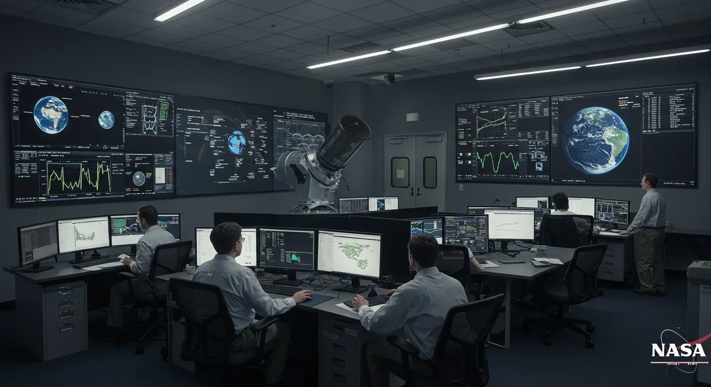 NASA engineers in mission control monitoring Habitable Worlds Observatory data showing exoplanet biosignatures