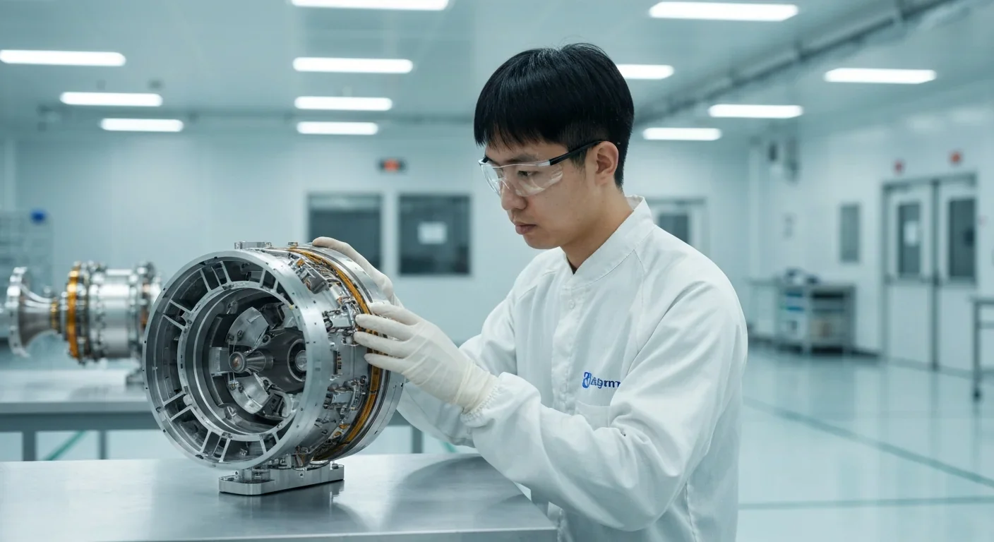Aerospace engineer in clean room attire examining a Hall effect thruster component in an industrial facility
