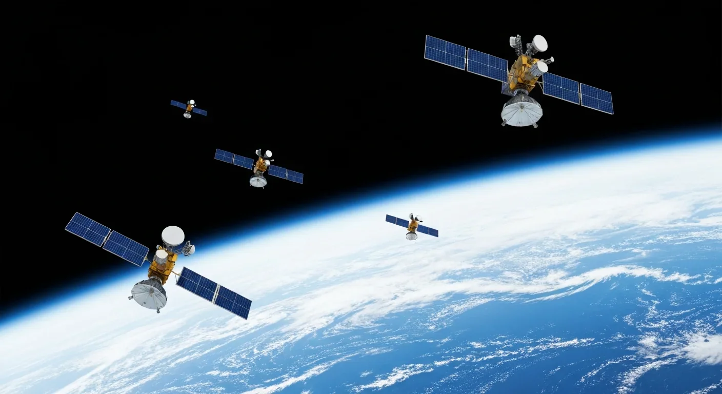 Multiple satellites in low Earth orbit above Earth's curved surface with solar panels extended