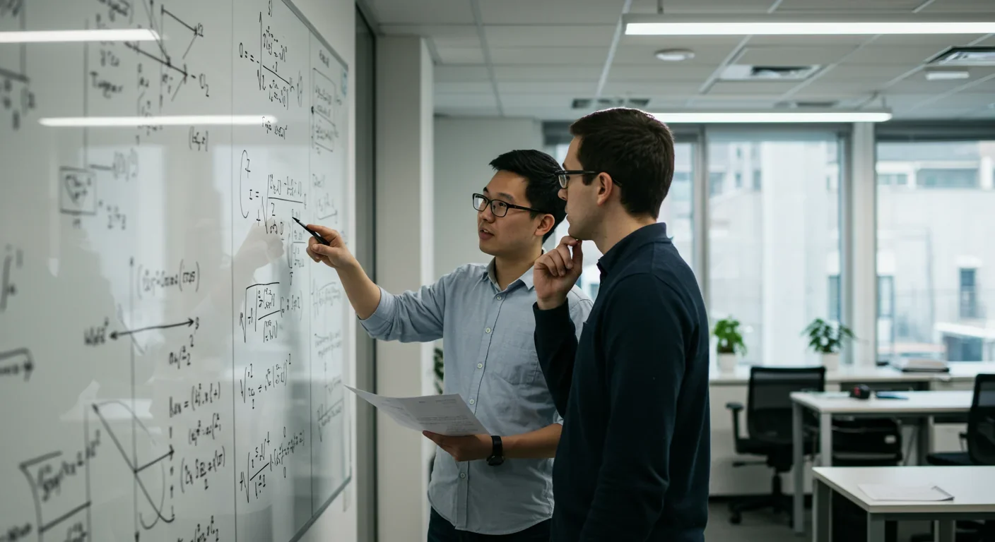 Theoretical physicists discussing equations related to quantum gravity and black holes