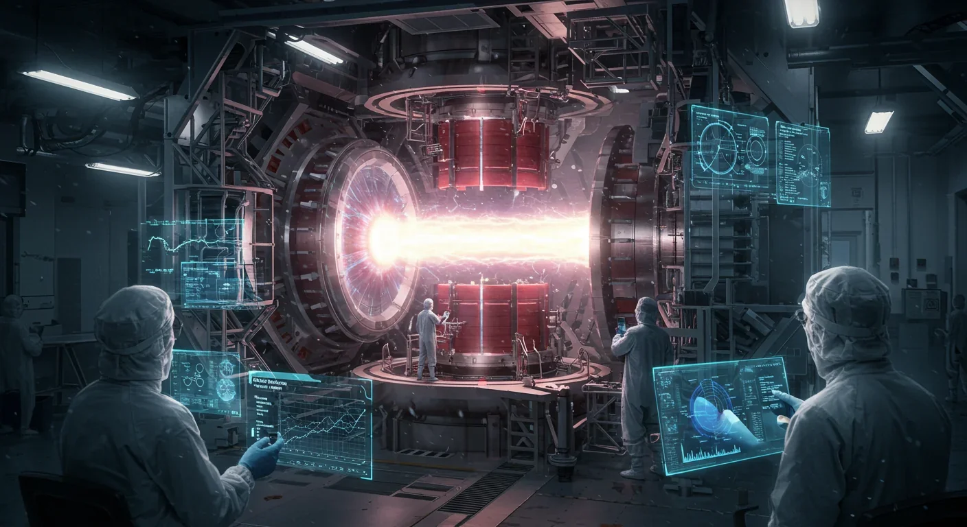 Fusion reactor core with glowing plasma and magnetic confinement system