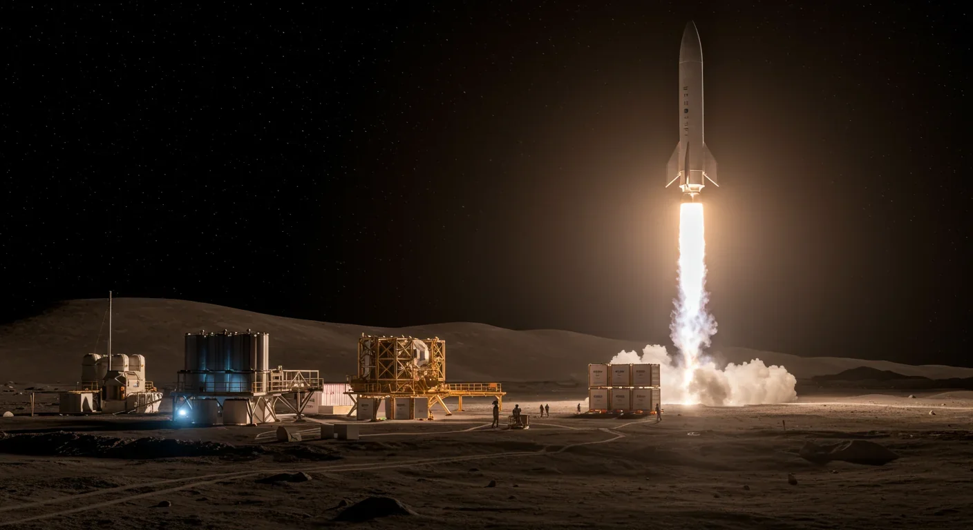 Rocket launching helium-3 cargo from Moon base back to Earth