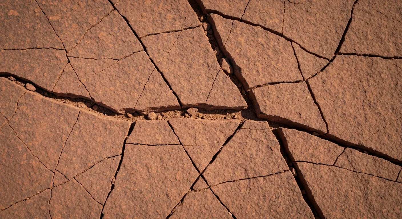 Close-up of cracked reddish-brown rock showing fault lines and stress fractures in sharp detail
