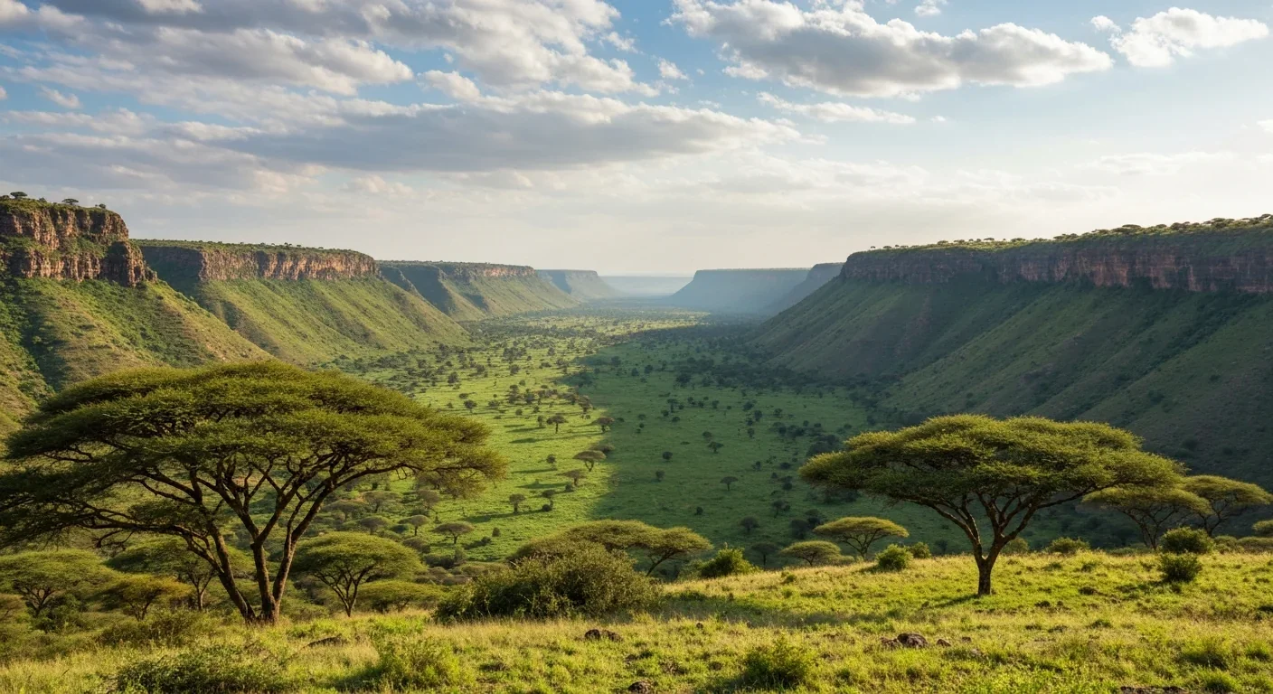 East African Rift Valley with green valley floor flanked by steep escarpments under afternoon light