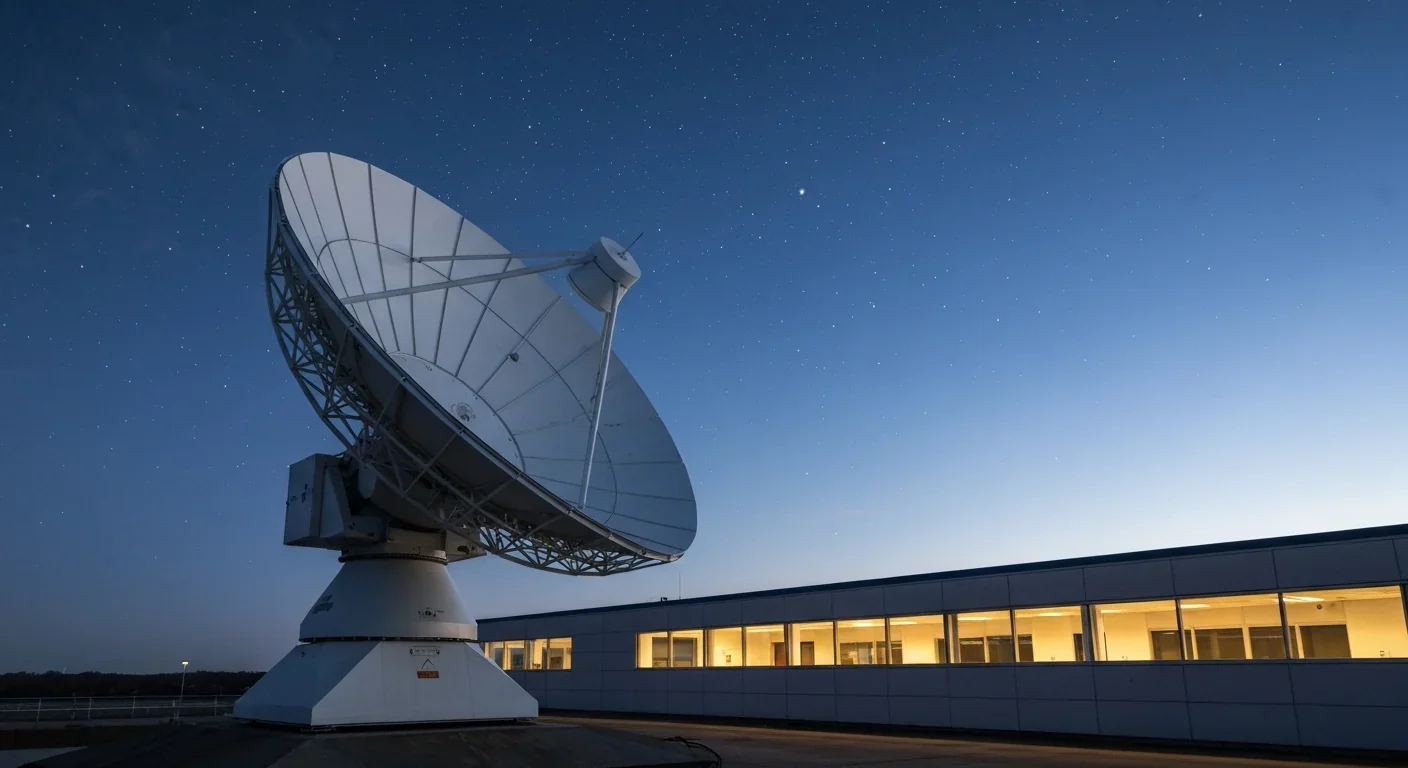 Satellite dish antenna at a research facility pointing toward an evening sky with stars appearing