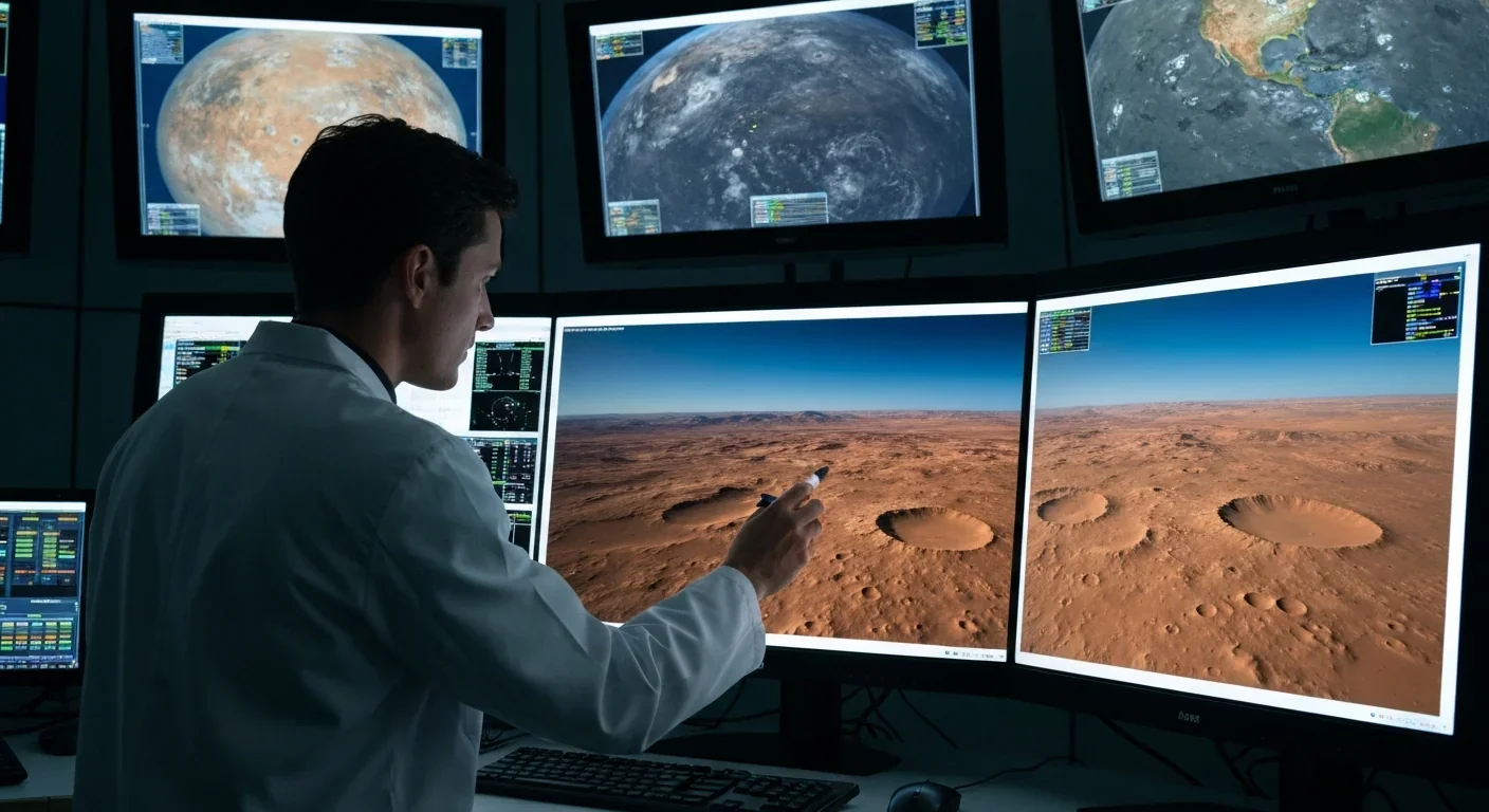 Scientist examining high-resolution planetary surface imagery on monitors in a space agency control room