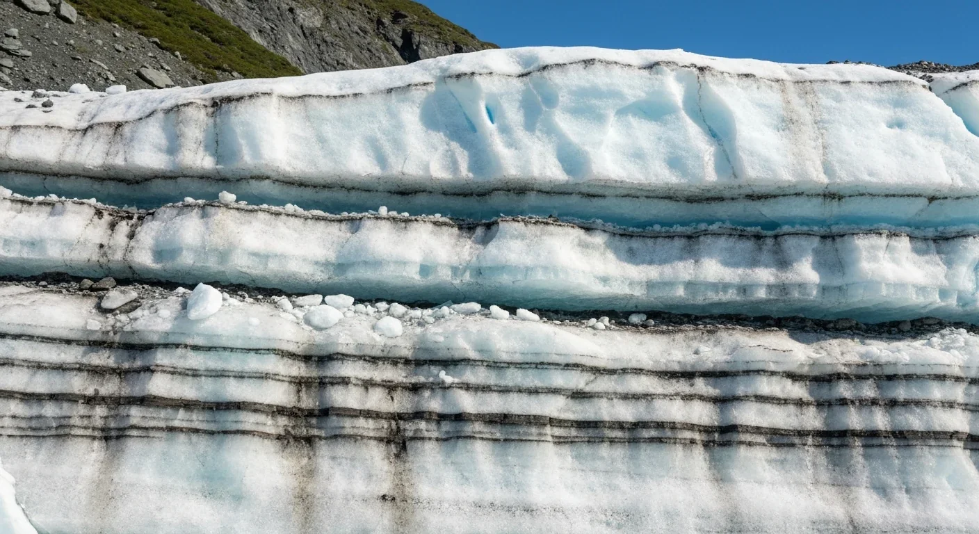Cross-section of layered ice and rock in a glacier showing distinct geological strata patterns