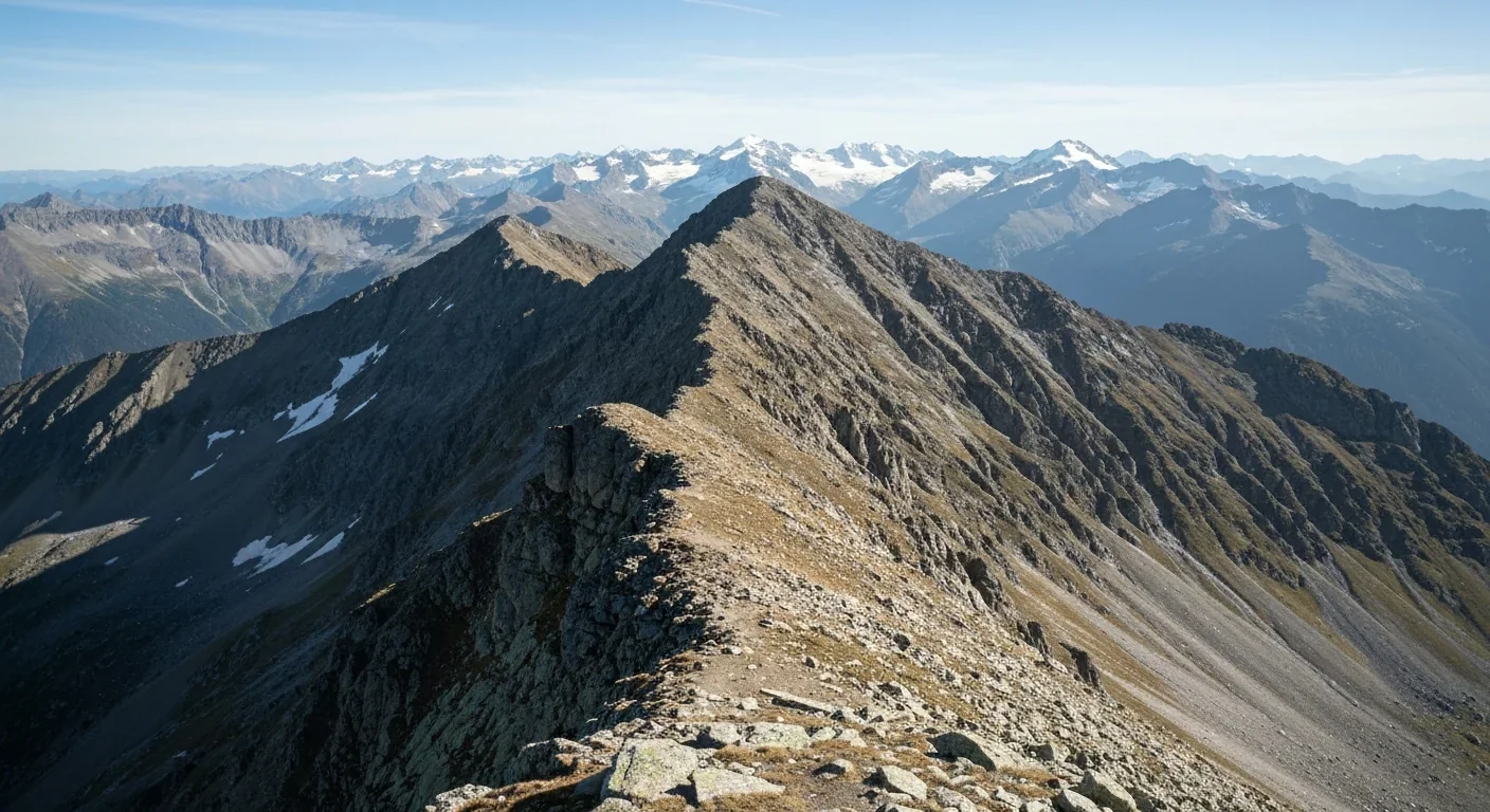 Aerial view of a rugged mountain ridge with steep slopes extending into the distance under clear skies