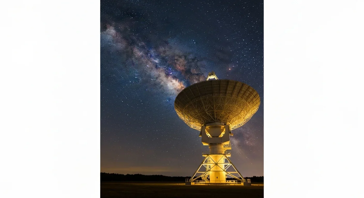 Large radio telescope dish pointing toward a starry night sky with the Milky Way visible overhead