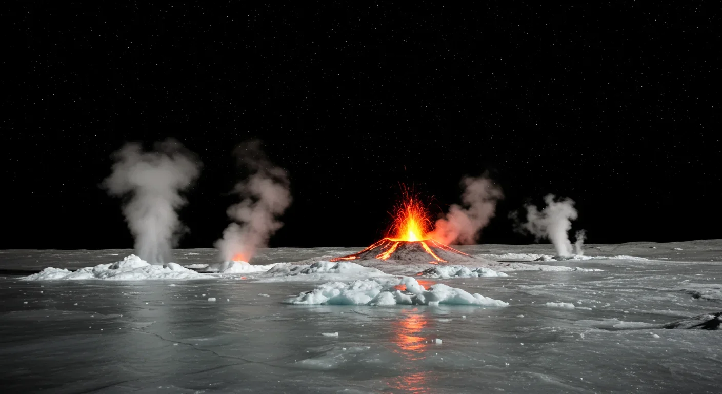 Geysers erupting on Triton's icy surface with Neptune in background