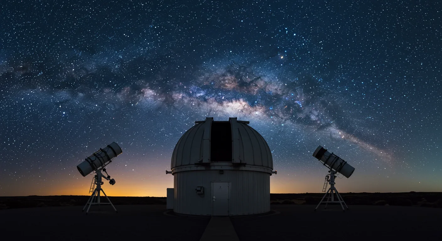 Astronomical observatory at twilight with Milky Way visible in sky