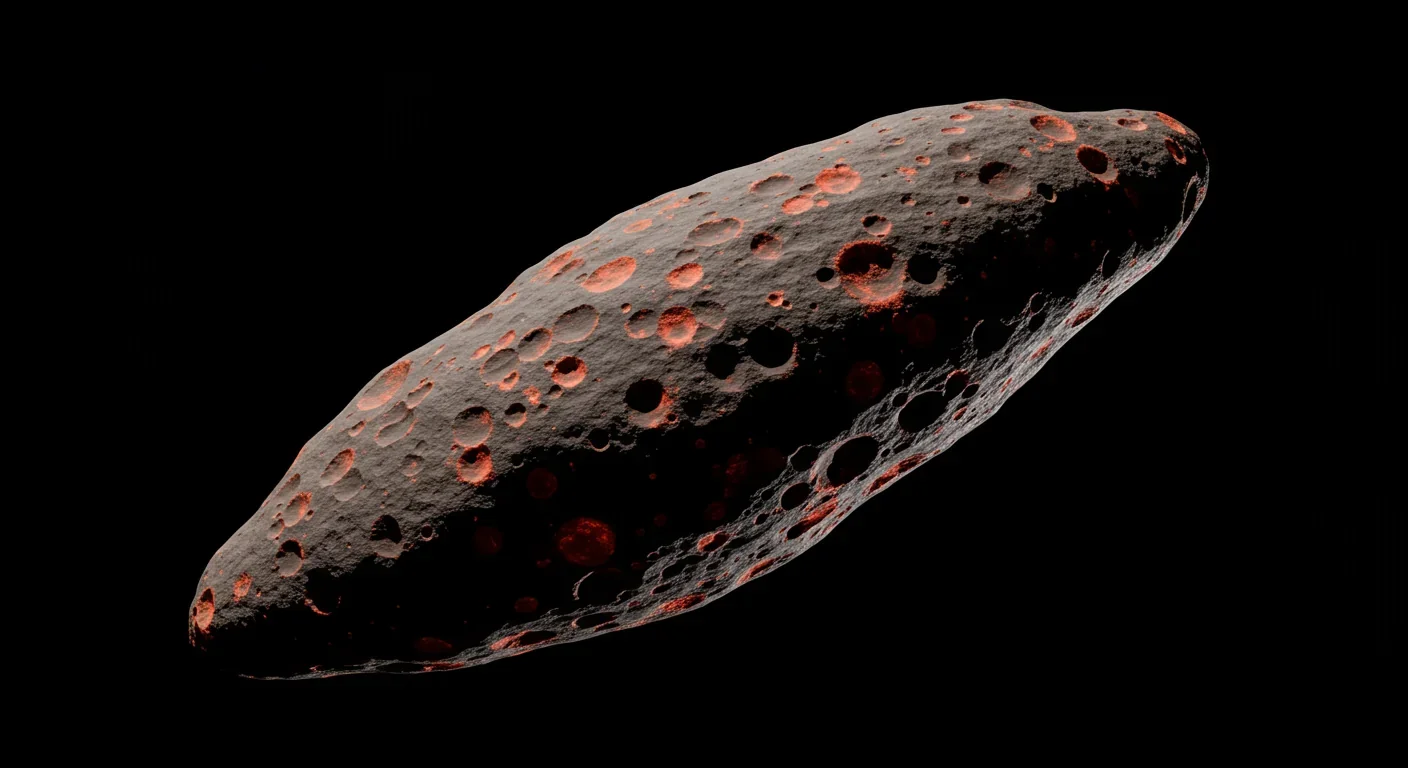 Artist visualization of elongated interstellar asteroid tumbling through space
