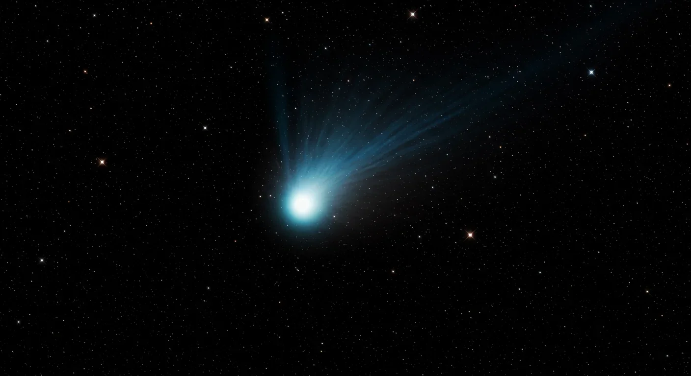 Interstellar comet with bright coma and tail photographed through telescope