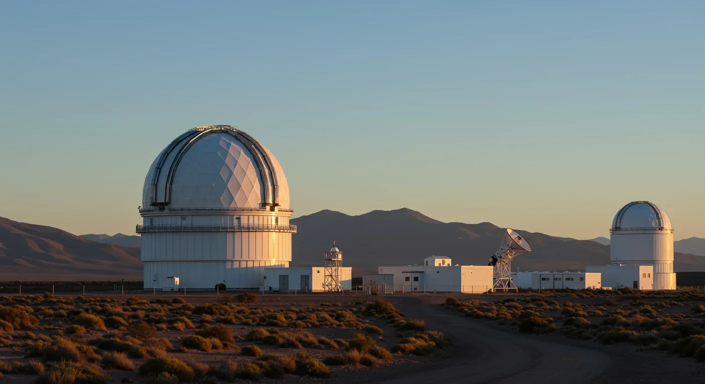 Large telescope observatory in Chilean mountains at sunset