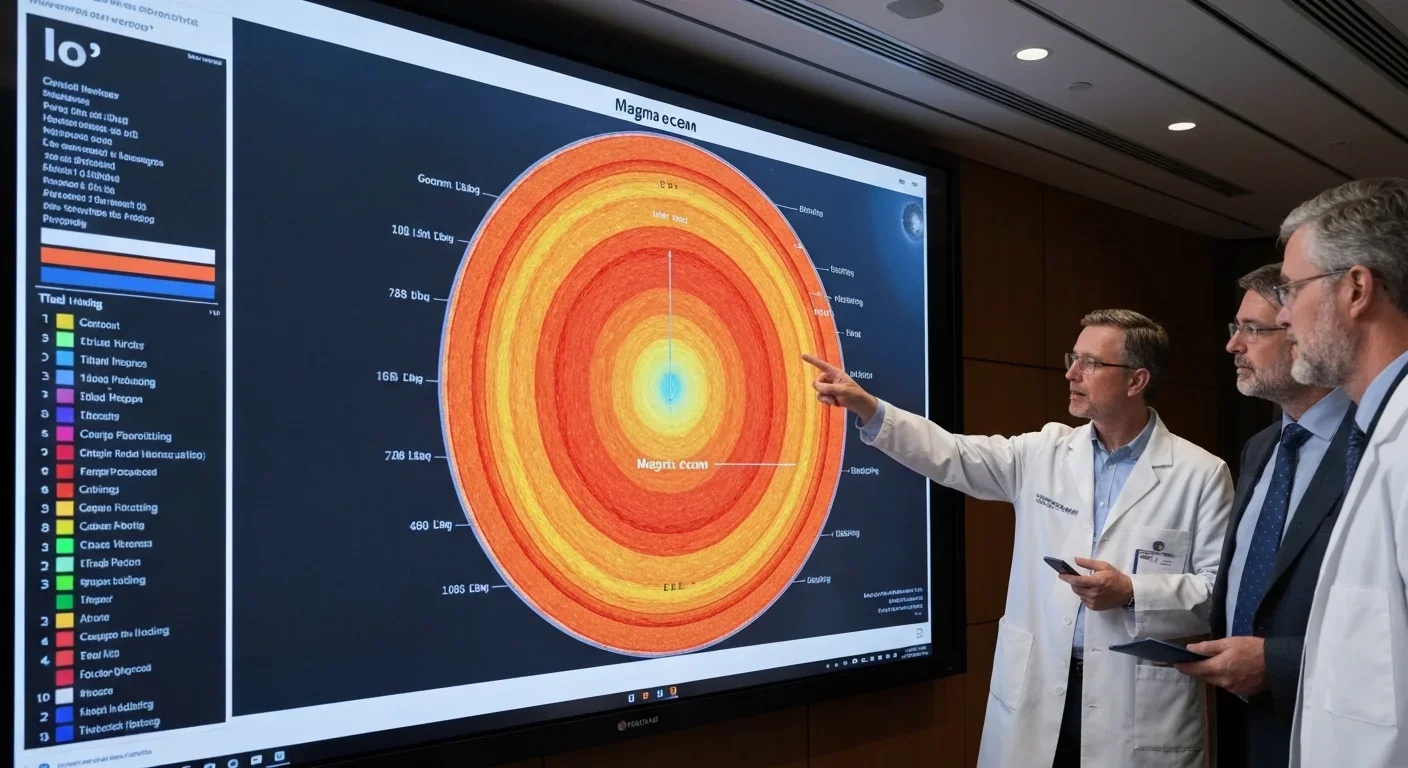 Scientists examining cross-section visualization of Io's internal structure and magma ocean
