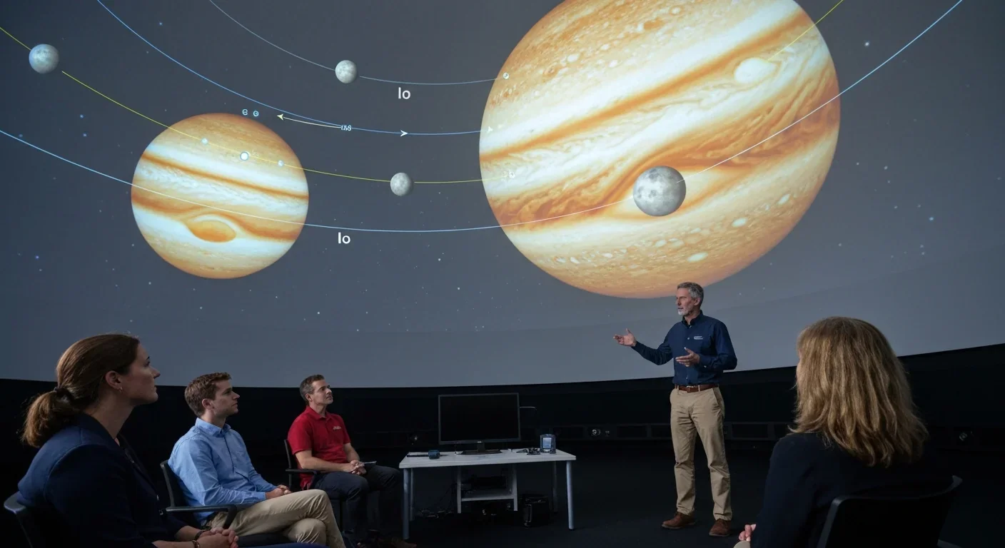 Planetary scientist presenting Jupiter's moon system showing Io's orbital relationship with Europa and Ganymede