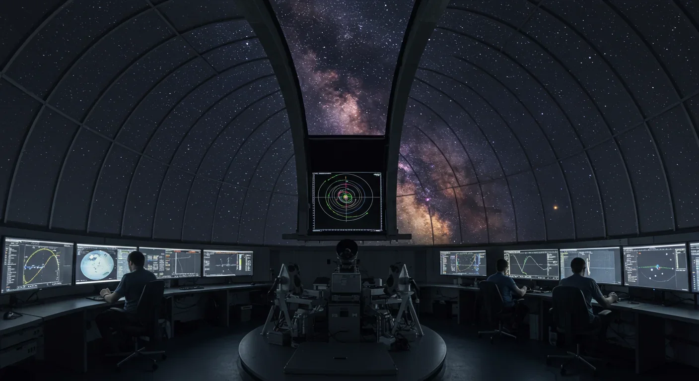 Astronomers tracking Trojan asteroids from ground-based observatory under starry night sky