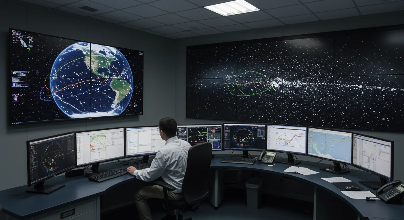Space operations technician monitoring orbital debris and satellite trajectories on multiple screens