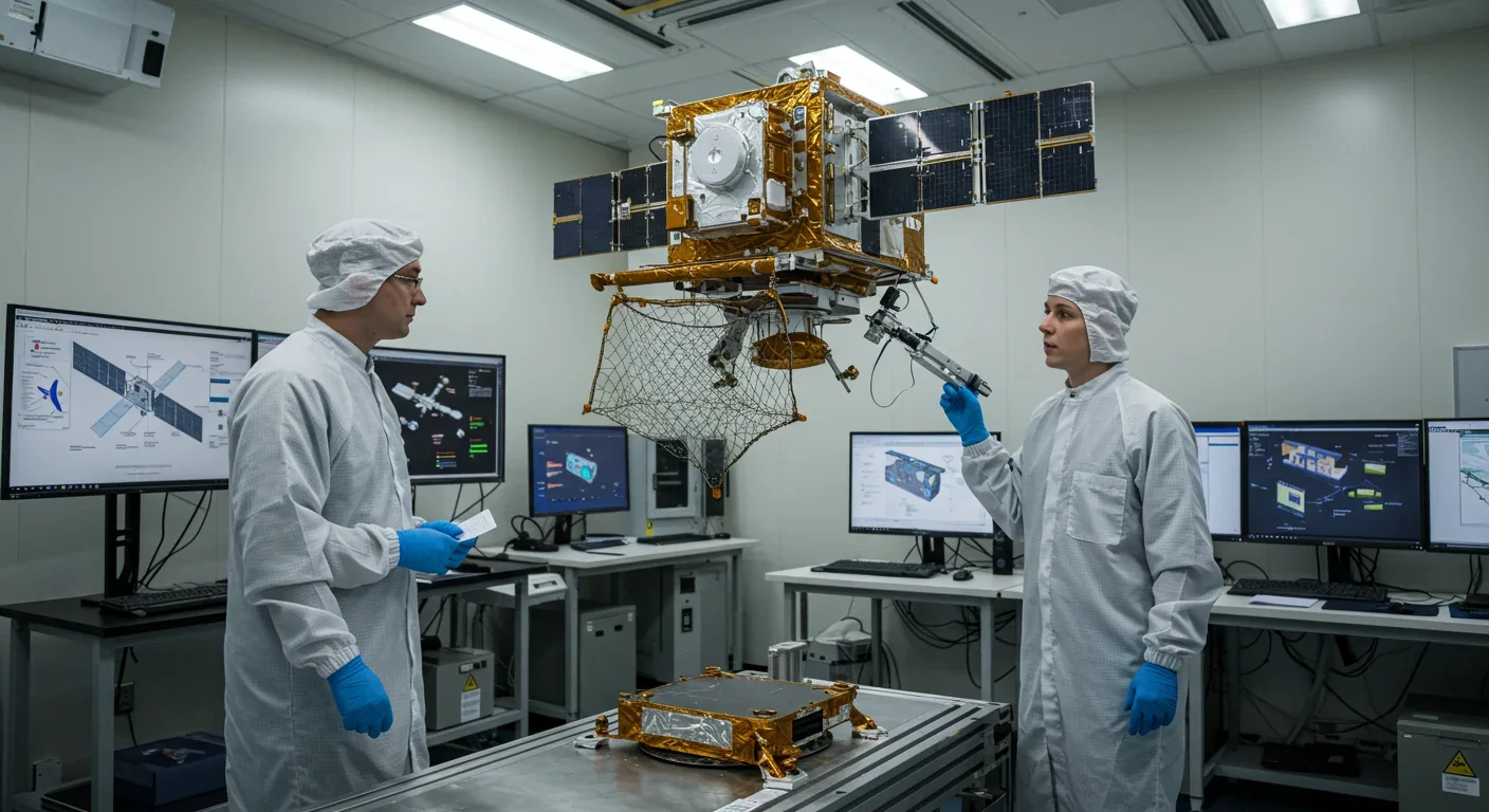 Engineer inspecting active debris removal satellite with robotic capture system in clean room