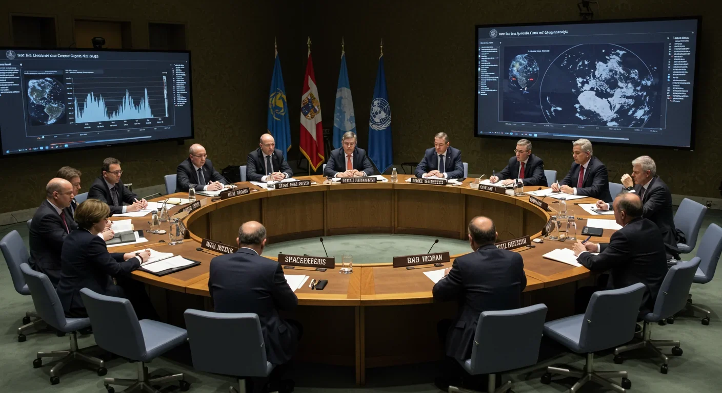 International officials discussing space debris policy and regulation at United Nations meeting