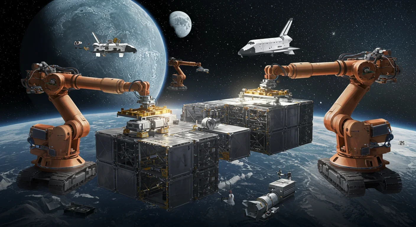Construction robots assembling modular space habitat sections in orbit with Moon visible and supply shuttle docked