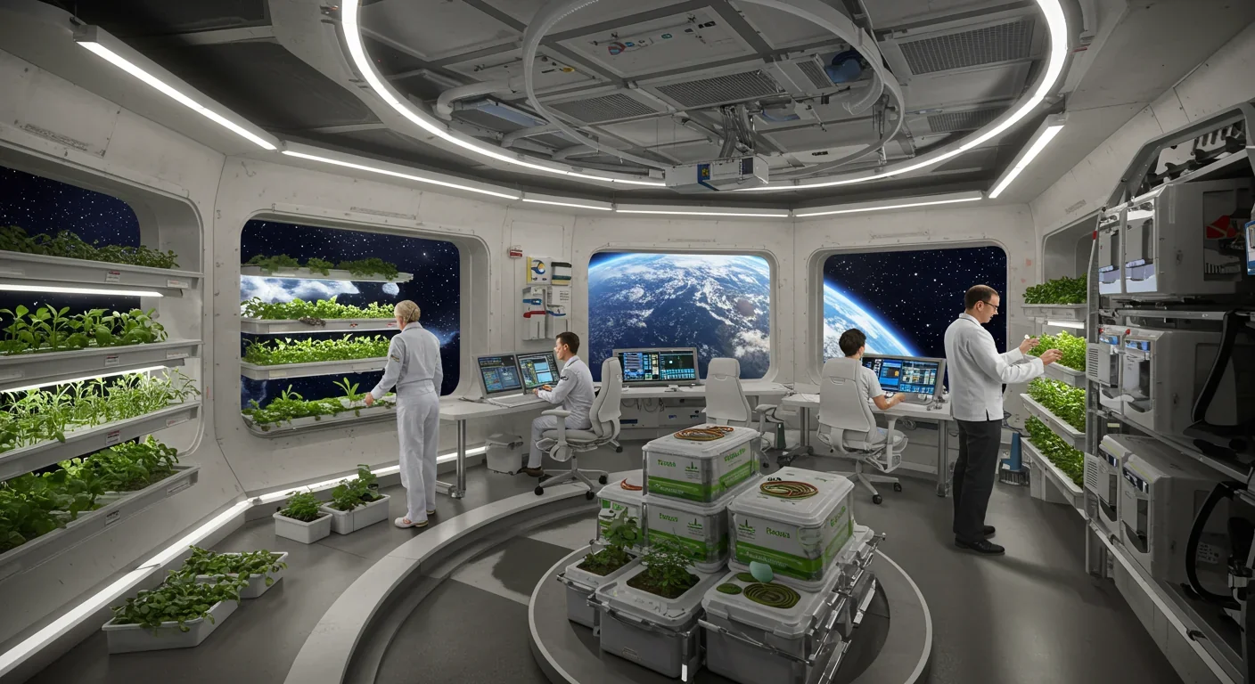 Interior of rotating space habitat with hydroponics, insect farms, crew stations, and windows showing Earth-Moon system
