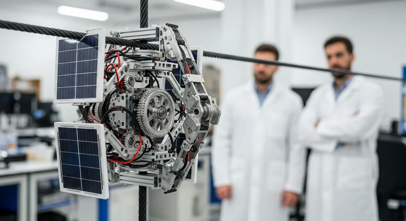 Space elevator climber prototype being tested on a vertical cable in a research laboratory