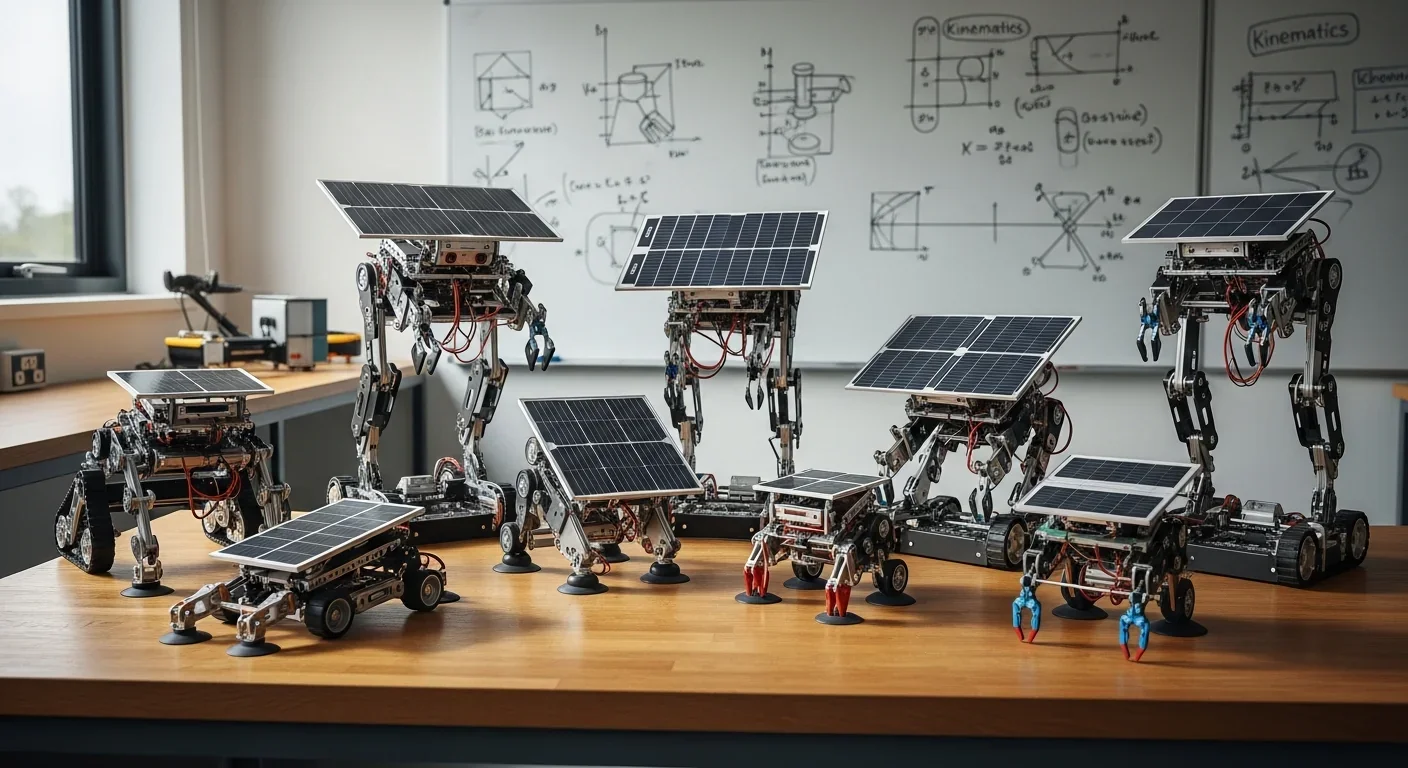 Various space elevator climber prototypes and gripping mechanisms displayed in an engineering workshop