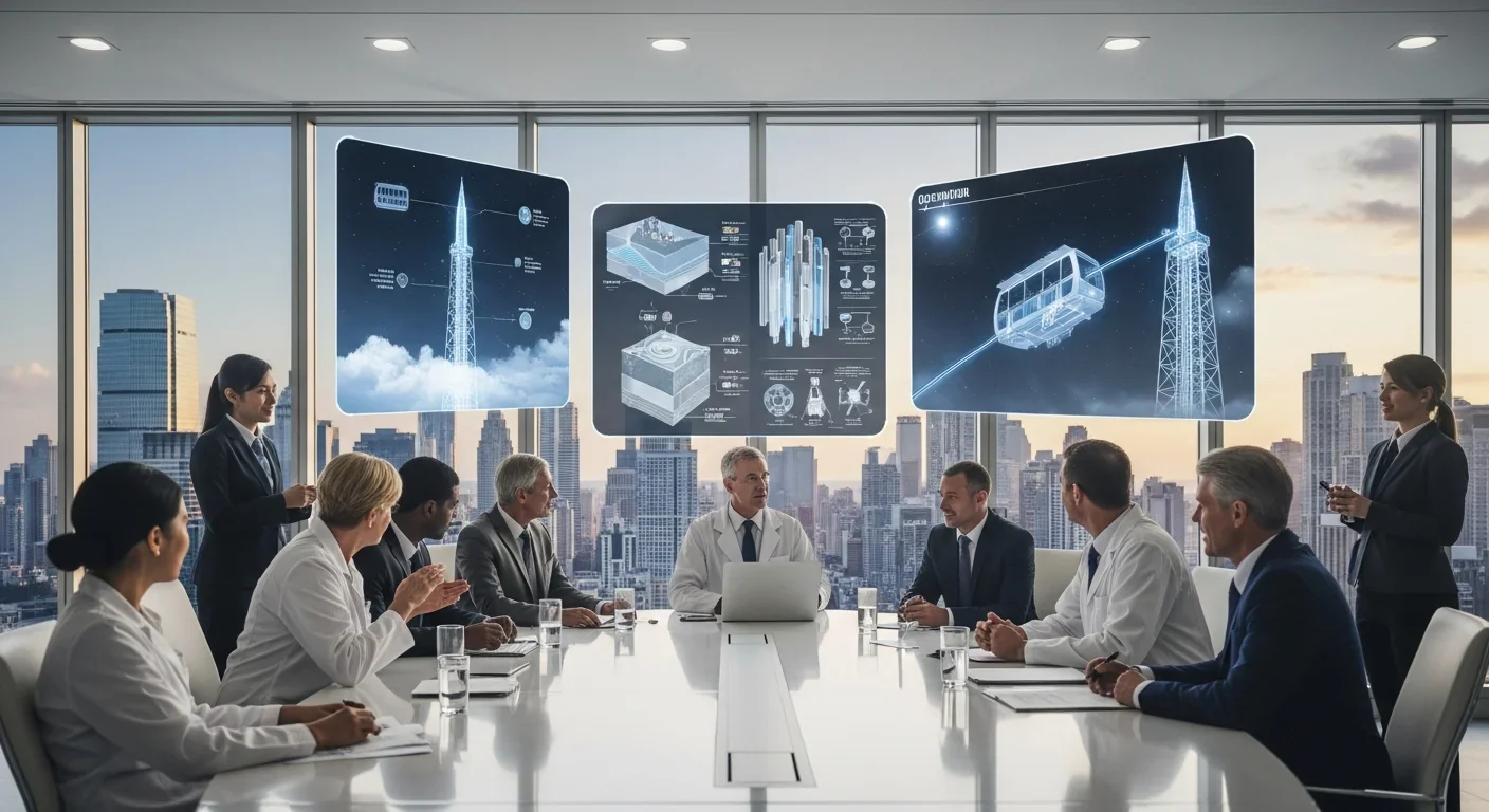 Business and science leaders discussing space elevator investment in a high-tech conference room