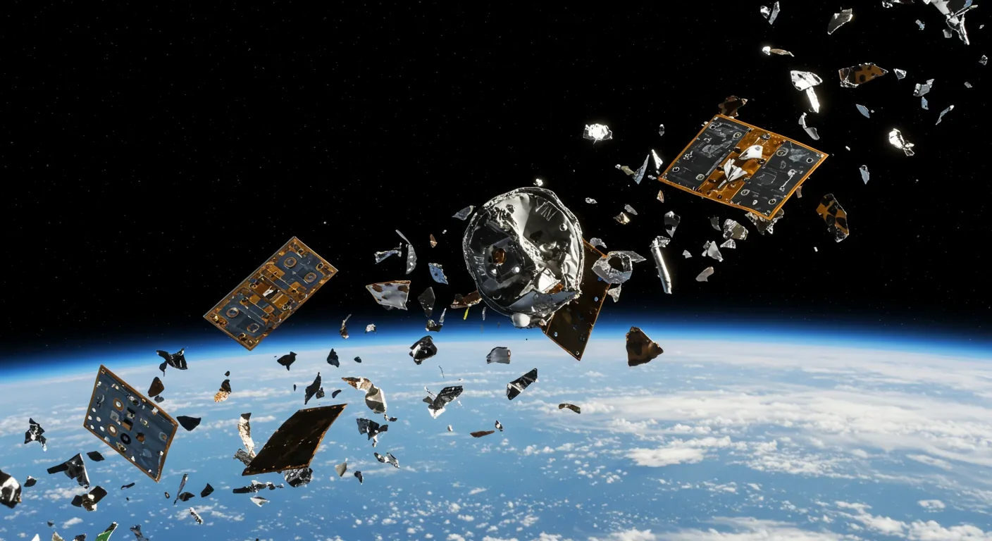 Damaged defunct satellite tumbling in low Earth orbit surrounded by debris fragments