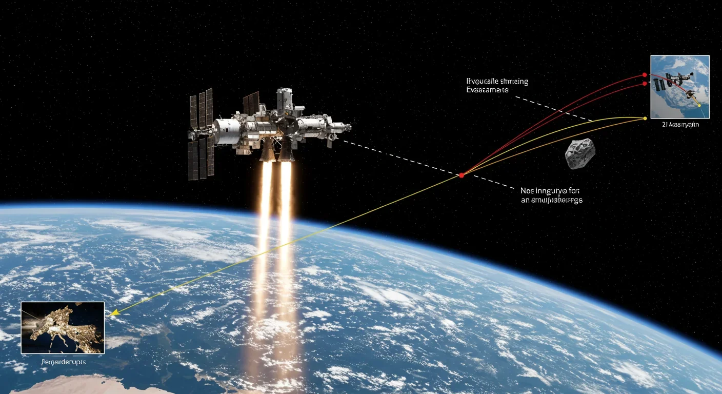 International Space Station in orbit above Earth requiring regular debris avoidance maneuvers