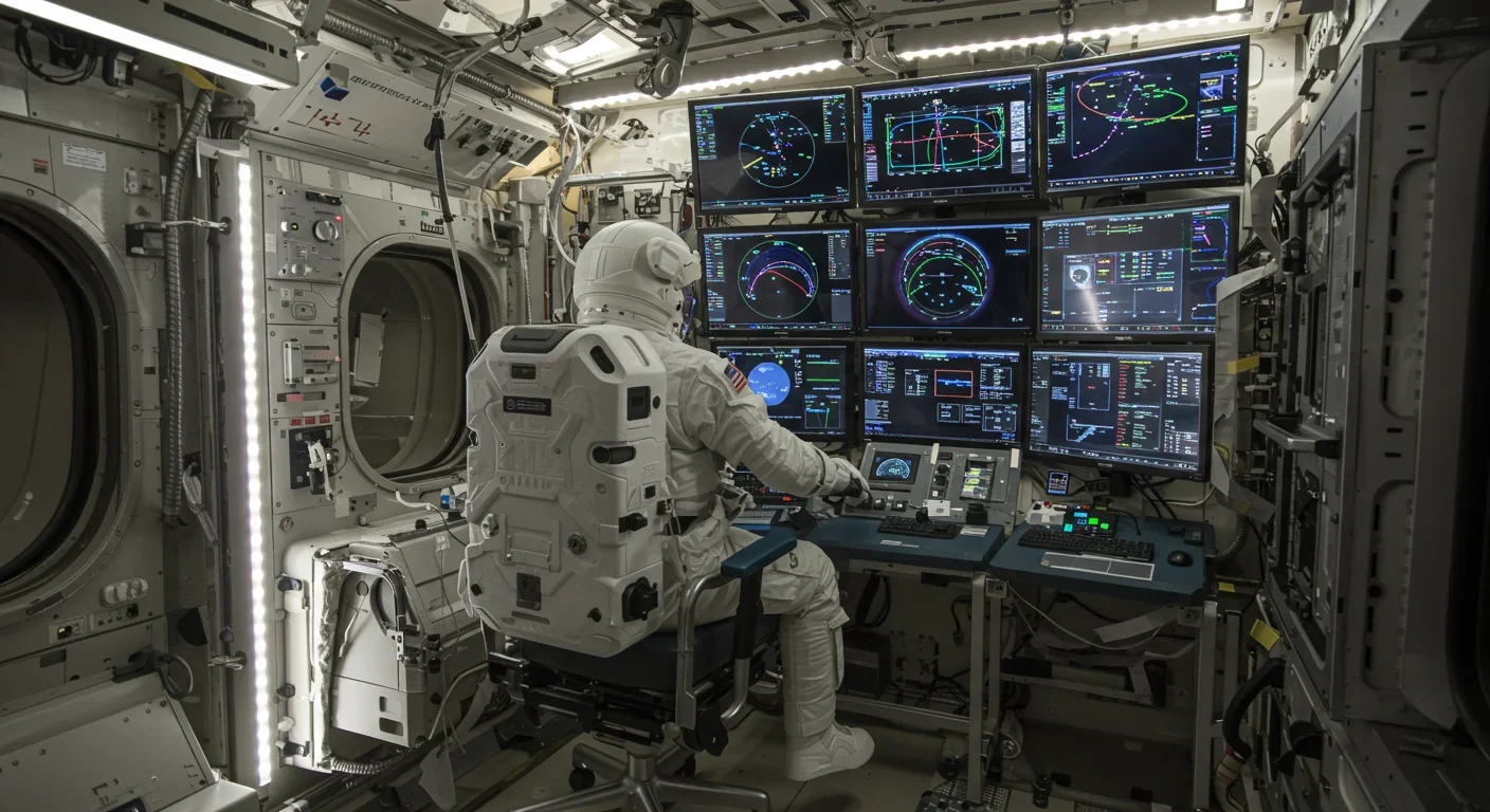 Astronaut working at Gateway's command and control station during a lunar mission