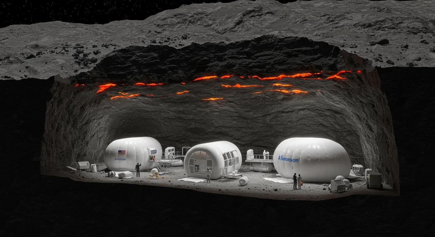 Cross-section of proposed lunar base inside lava tube showing habitat modules and protective rock layers