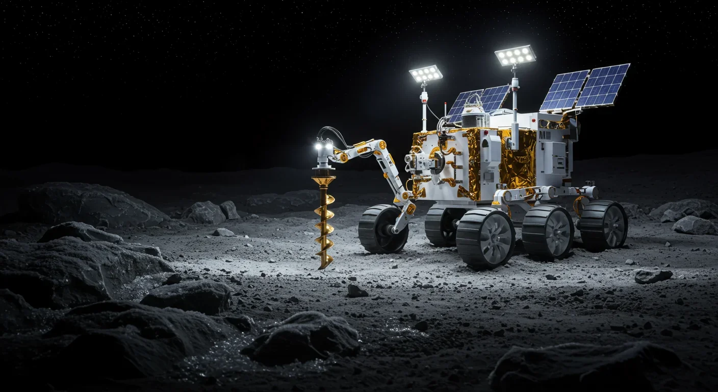 Robotic lunar rover with drill extracting ice from shadowed crater floor on the Moon