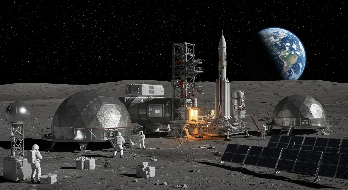 Lunar base with habitat domes, solar panels, and rocket refueling station under starry sky