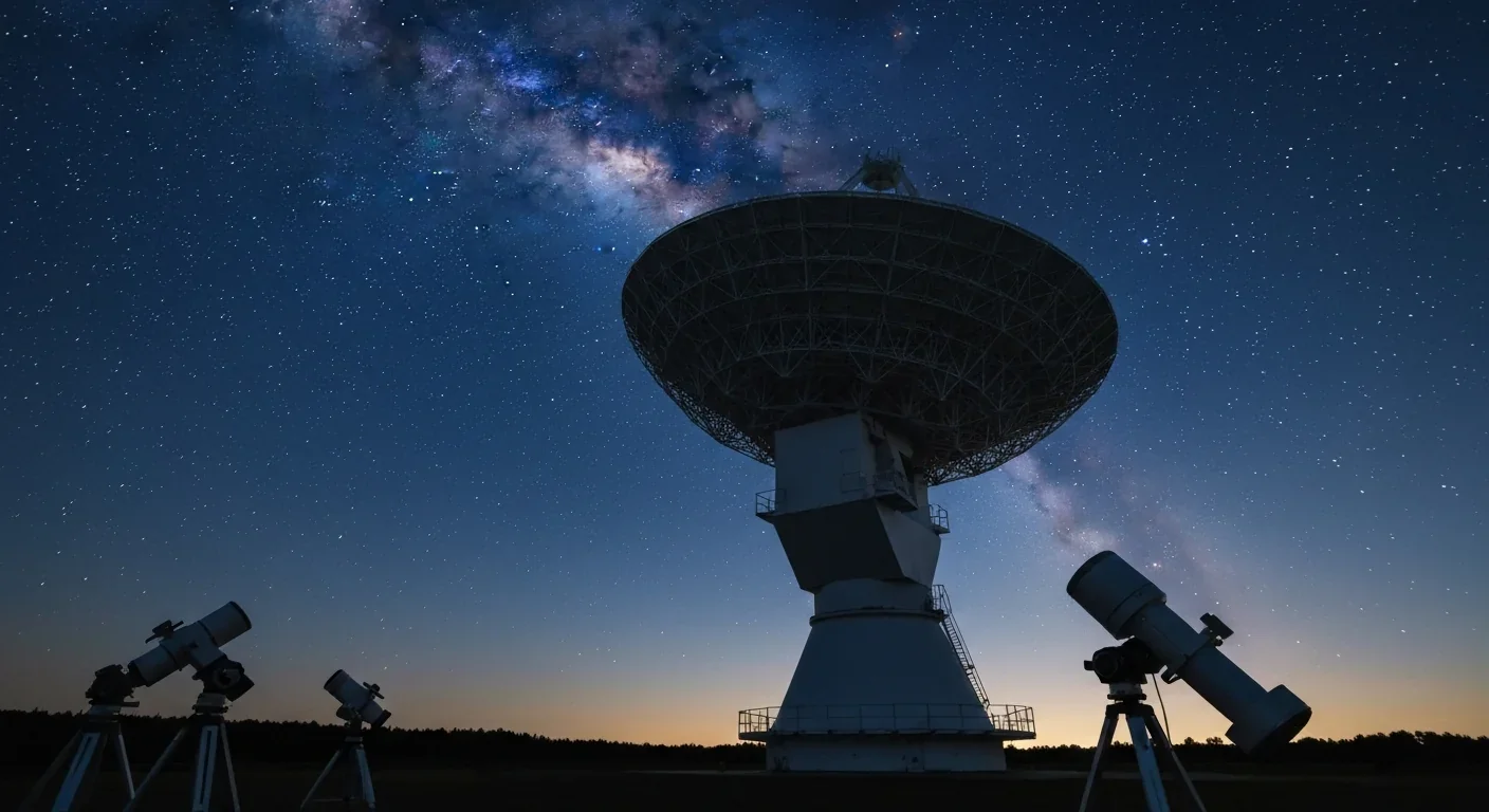 Large radio telescope dish pointed at the night sky, used for detecting signals from magnetars and Fast Radio Bursts