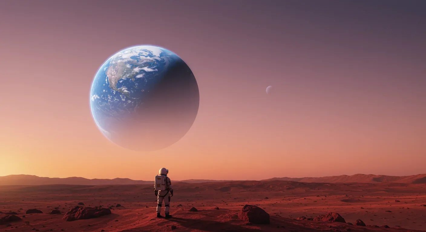 Astronaut on Mars surface viewing Earth rising over horizon, representing humanity's multi-planetary future