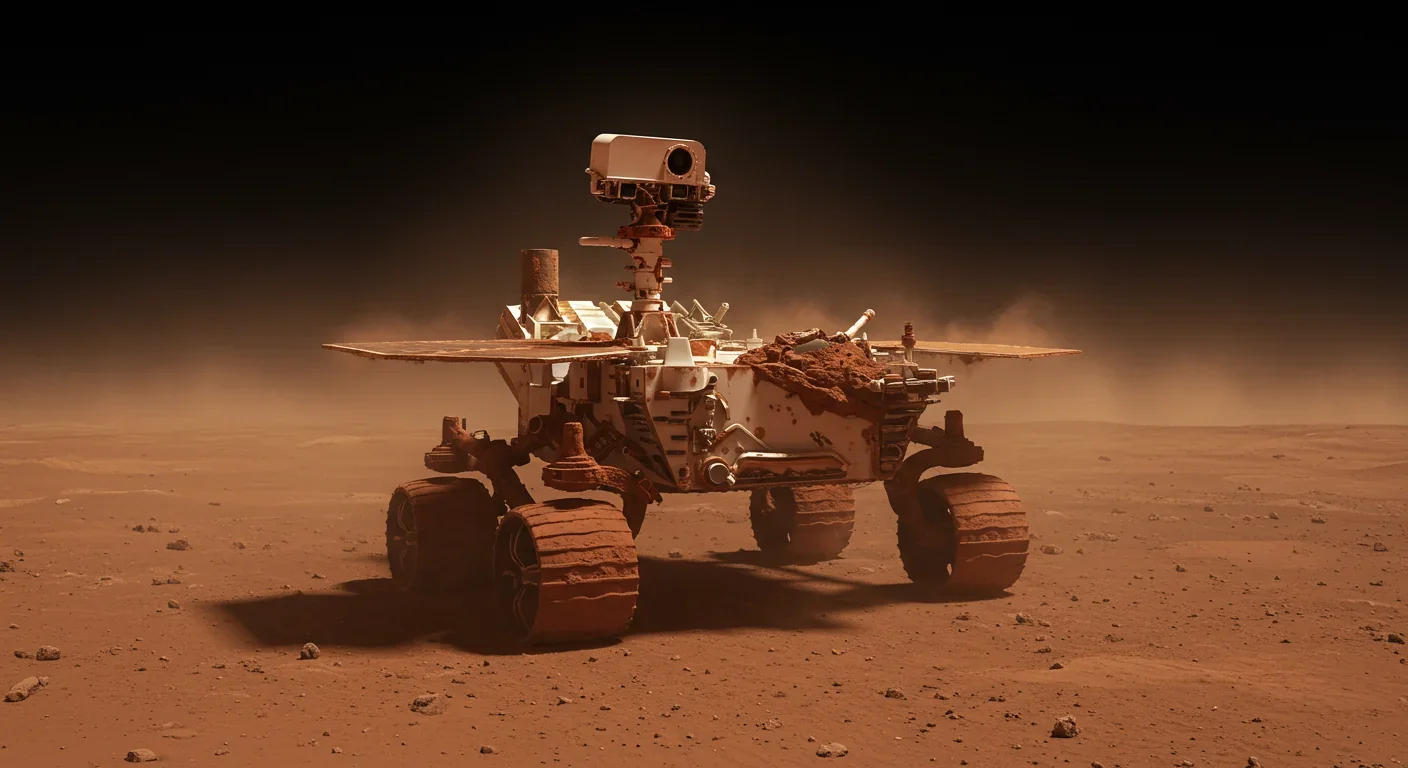 NASA Opportunity rover covered in thick red Martian dust with obscured solar panels under dark storm sky