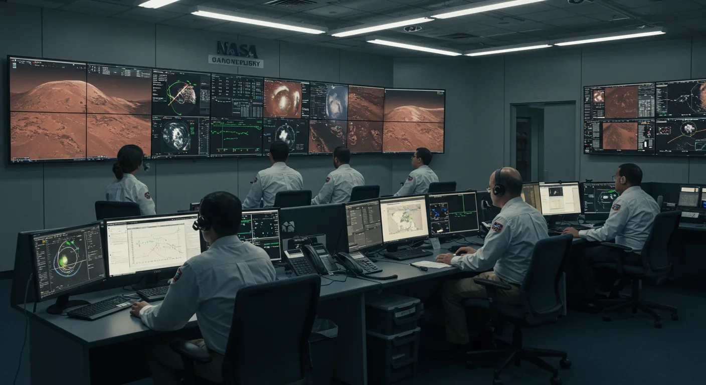NASA engineers in mission control monitoring Mars rover data and tracking dust storm development on large screens