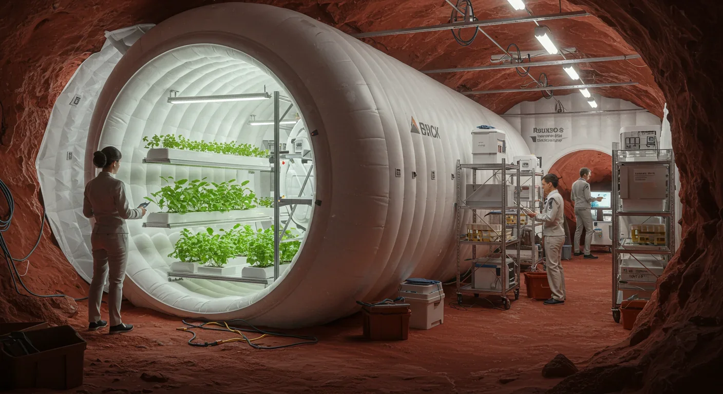 Robotic exploration vehicle descends on tethers through a Martian cave skylight into an underground lava tube