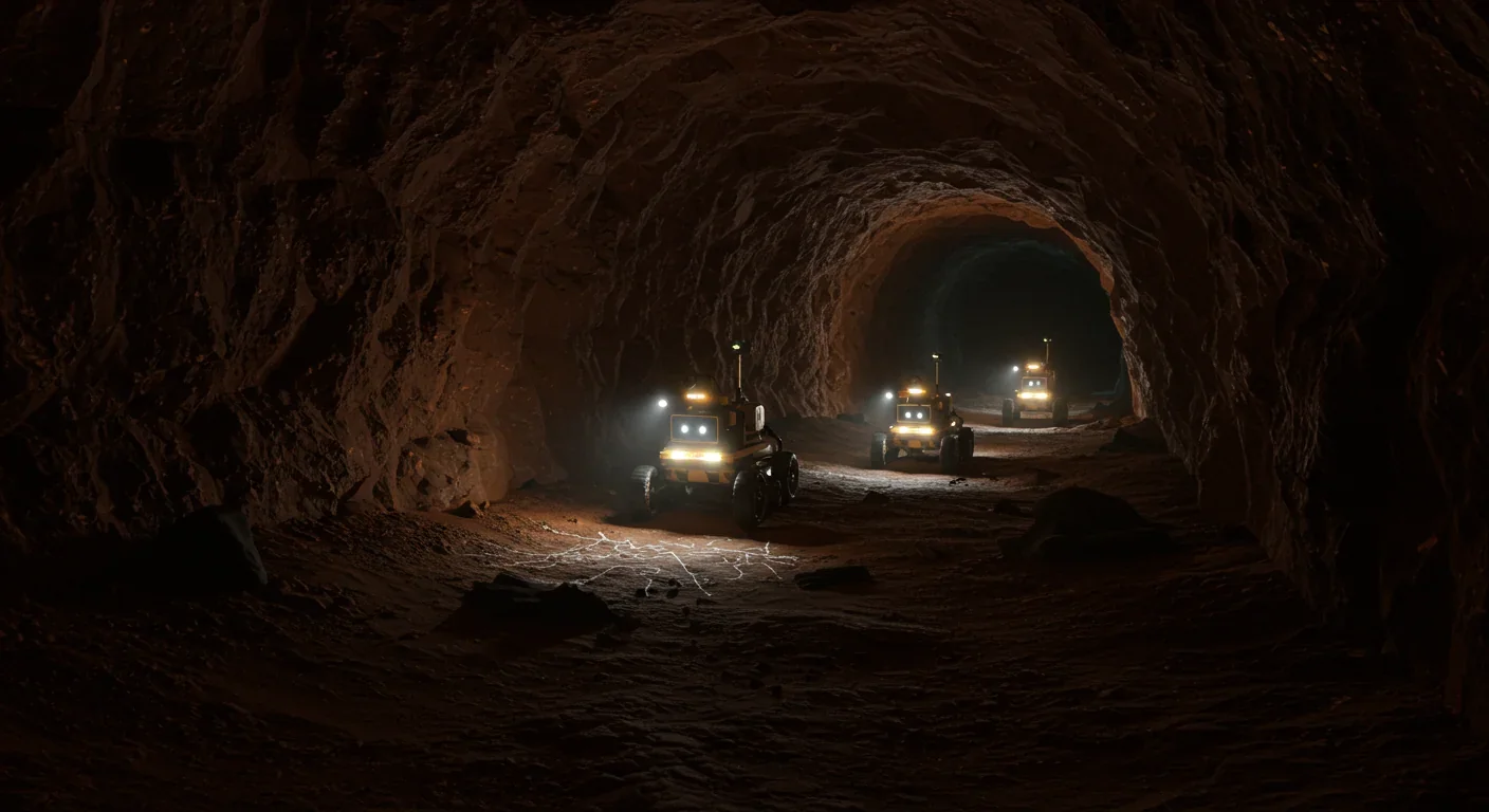 Thriving underground Mars settlement with greenhouses and habitat modules inside a protective lava tube