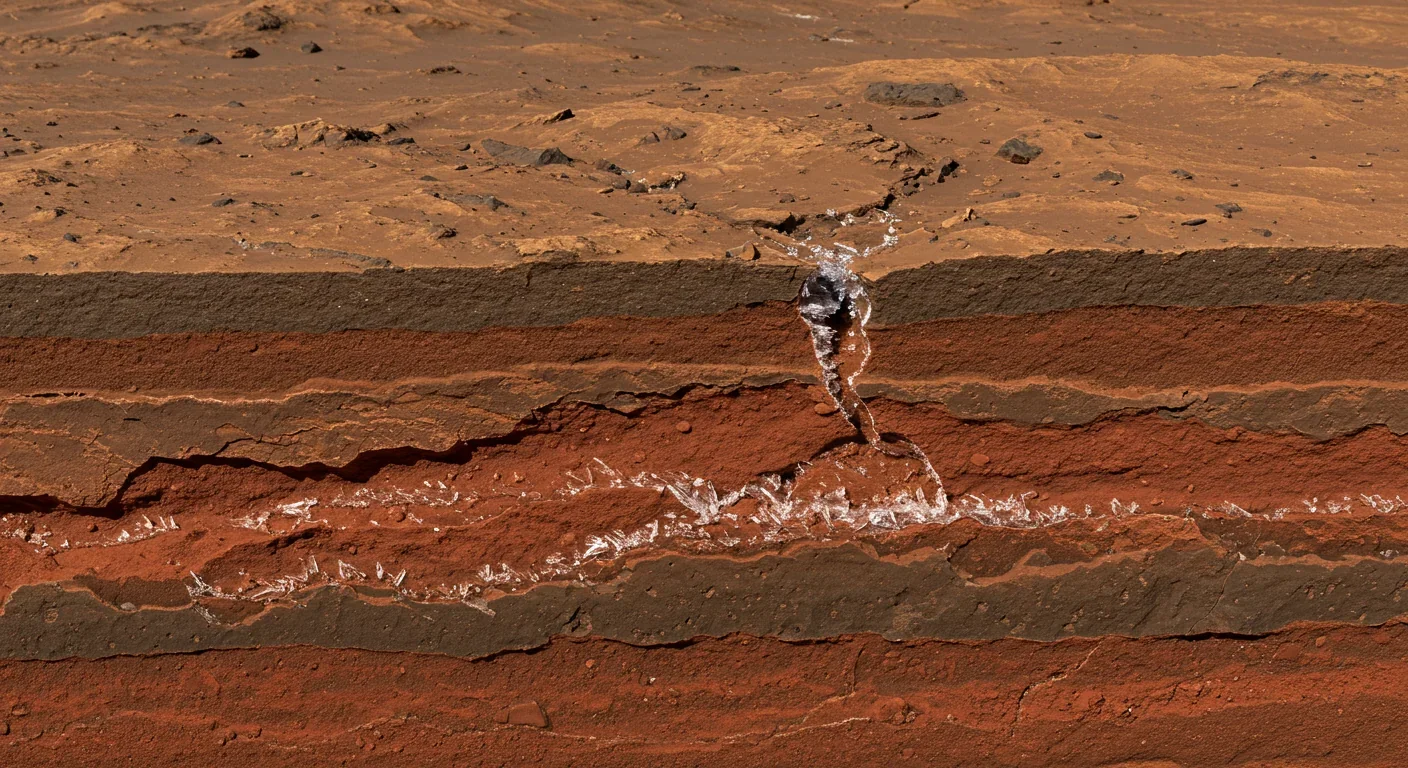 Cross-section of Martian subsurface showing ice deposits and rock fractures where methanogens might survive