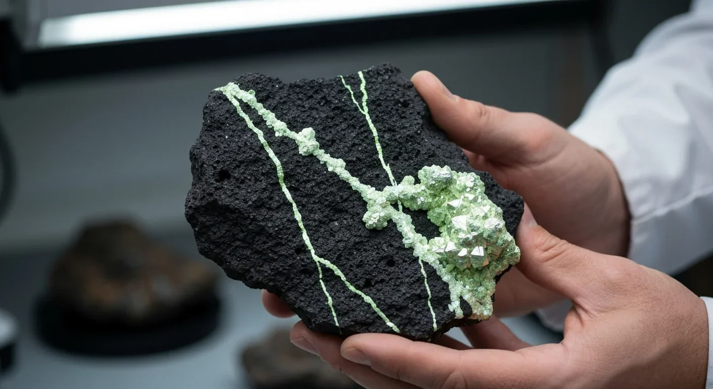 Geologist holding dark volcanic rock with bright sulfide mineral veins under laboratory lighting