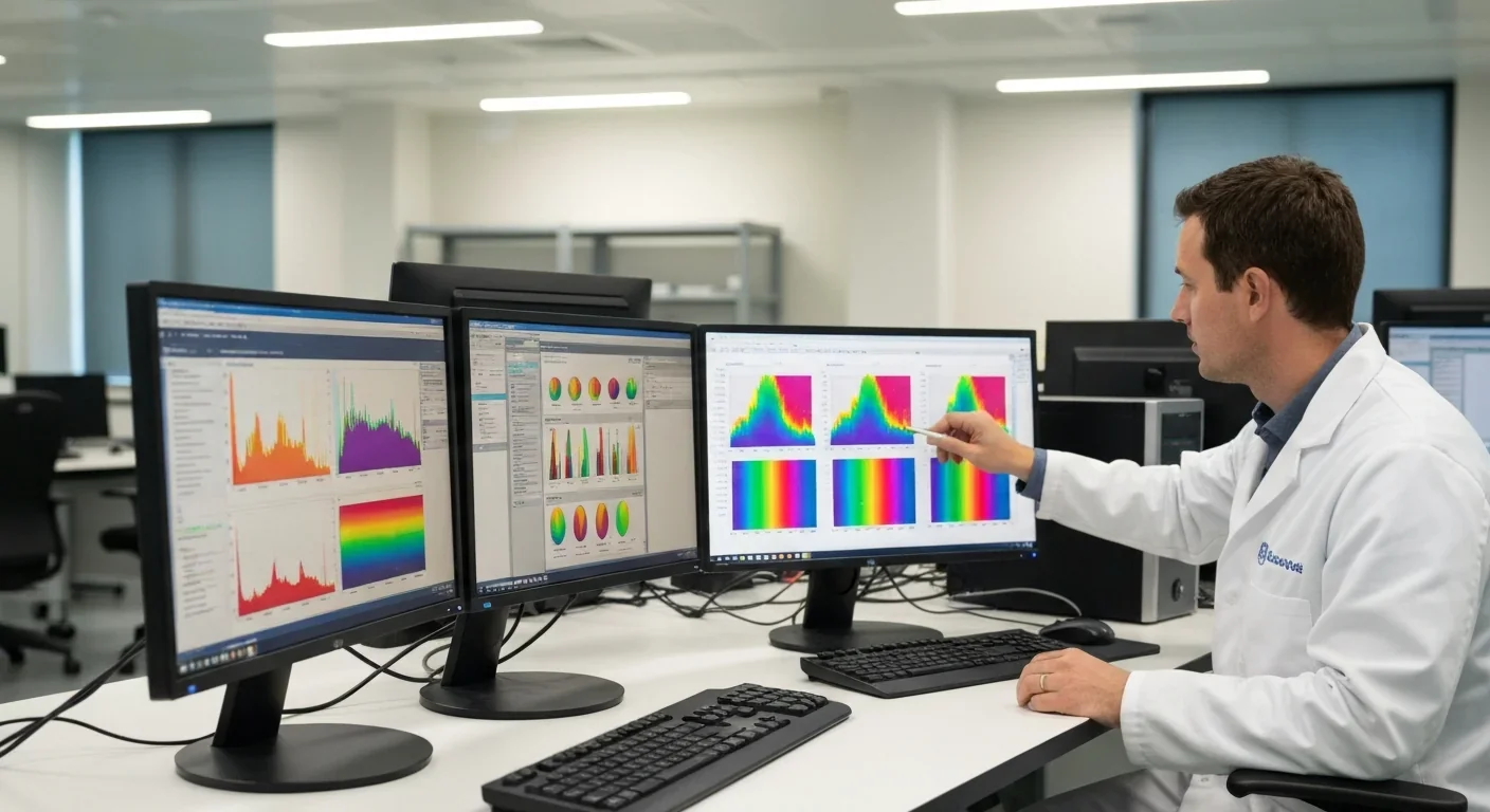 Researcher in white lab coat analyzing colorful spectral data on a large monitor in a planetary science lab
