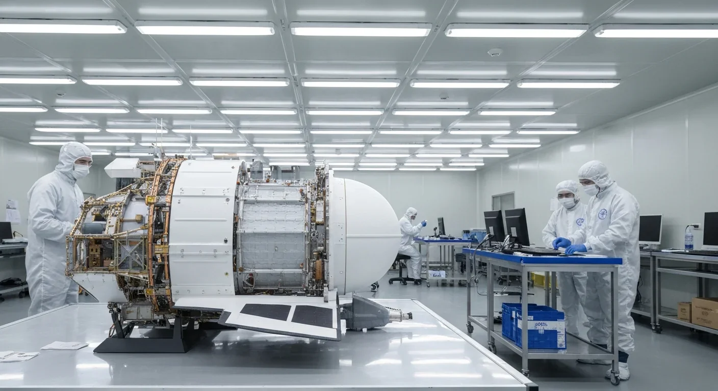 Spacecraft model in clean room facility with engineers in protective suits working under bright lighting
