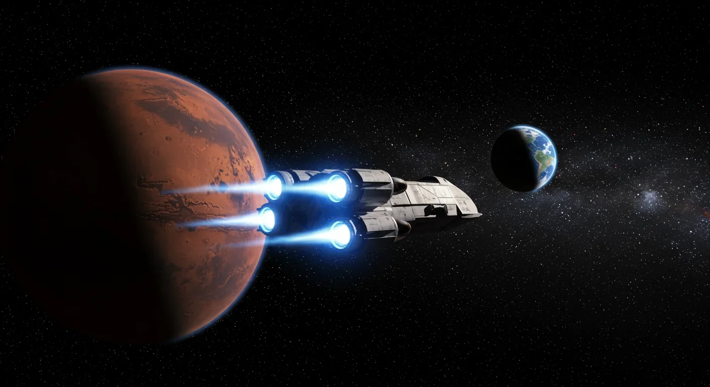 Advanced spacecraft traveling between Earth and Mars representing future of interplanetary exploration